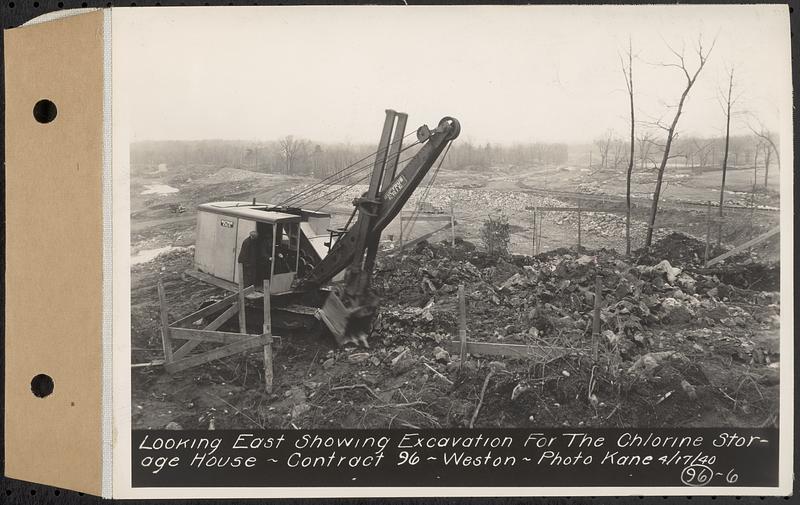 Contract No. 96, Chlorine Storage House and Equipment and Chlorinating Equipment for Gate House at Norumbega Reservoir, Weston, looking east showing excavation for the chlorine storage house, Weston, Mass., Apr. 17, 1940