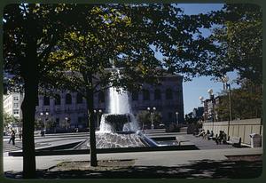Copley Square fountain, Boston Public Library in background