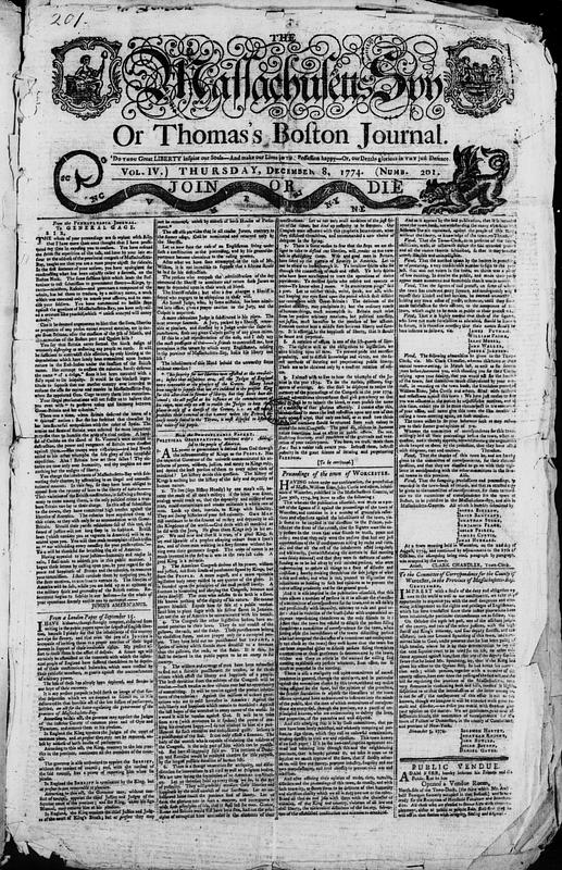 The Massachusetts Spy, Or, Thomas'S Boston Journal - Digital Commonwealth