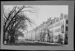 Copy negative of 1887 photo of Beacon Street looking west from River Street, Boston, Massachusetts