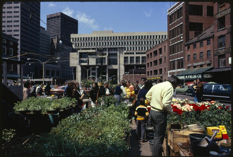 Faneuil Hall outdoor market place New Boston City Hall in background