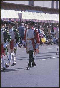 Man in 18th-century British Army uniform, parade, Tremont Street, Boston