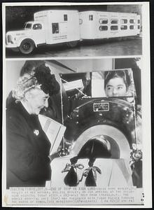 End of trip in Iron Lung-- Miss Hope Wooley, 21, smiles at her mother, Mrs. Eda Wooley, on her arrival at the childrens hospital today after a 263-mile trip from Ithaca, N.Y.. The mobile hospital unit (top) was purchased with funds raised through the march of dimes.