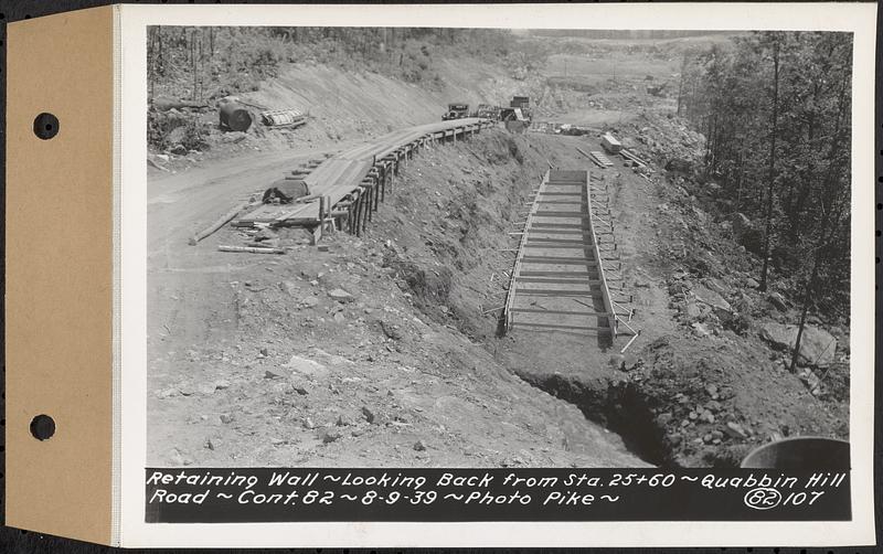 Contract No. 82, Constructing Quabbin Hill Road, Ware, retaining wall, looking back from Sta. 25+60, Ware, Mass., Aug. 9, 1939