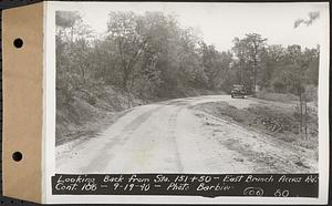 Contract No. 106, Improvement of Access Roads, Middle and East Branch Regulating Dams, and Quabbin Reservoir Area, Hardwick, Petersham, New Salem, Belchertown, looking back from Sta. 151+50, East Branch access road, Belchertown, Mass., Sep. 19, 1940