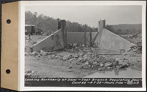 Contract No. 66, Regulating Dams, Middle Branch (New Salem), and East Branch of the Swift River, Hardwick and Petersham (formerly Dana), looking northerly at dam, east branch regulating dam, Hardwick, Mass., Aug. 7, 1939