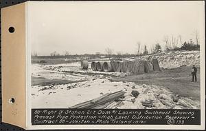 Contract No. 80, High Level Distribution Reservoir, Weston, 80 feet right of Sta. 21+/- dam 1 looking southeast showing precast pipe protection, high level distribution reservoir, Weston, Mass., Jan. 5, 1940