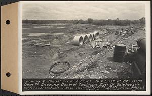 Contract No. 80, High Level Distribution Reservoir, Weston, looking northeast from a point 20 feet+/- east of Sta. 19+80 dam 1, showing general conditions east of gatehouse, high level distribution reservoir, Weston, Mass., May 29, 1940