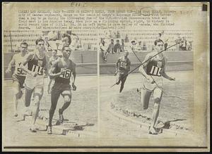 Ryun on Keino's Heels, Then Loses Him-- Jim Ryun (114), University of Kansas sophomore, hangs on the heels of Kenya's Kipohoge Keino (46) with better than a lap to go during the 1500-meter run of the U.S. -British Commonwealth track and field meet in Los Angeles today, then outs on a finishing sprint, right, to victory in world record time of 3:33.1. No. 50 in left photo is Dave Bailey of Canada, who finished fourth.