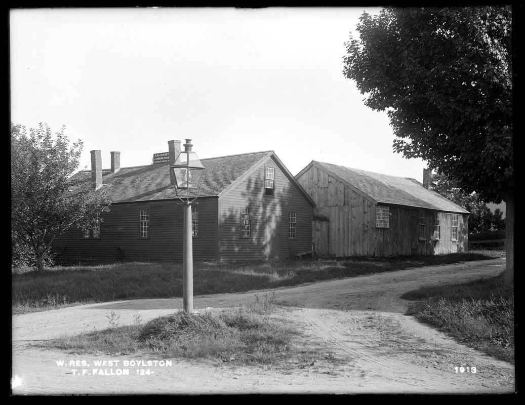 Wachusett Reservoir, T. F. Fallon's blacksmith shop, on the southeasterly corner of Central and Goodale Streets, from the north, West Boylston, Mass., Aug. 2, 1898