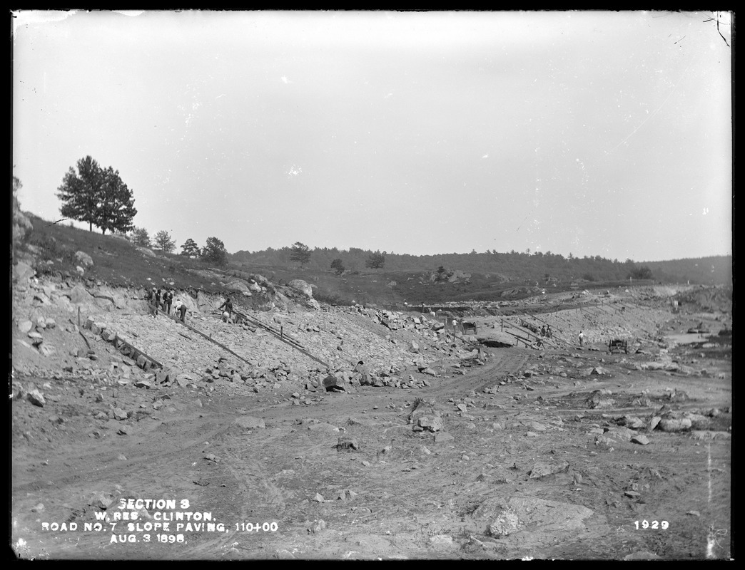 Wachusett Reservoir, slope paving Section 3 Road No. 7, Station 110+00; looking southeast from station 111+00, Clinton, Mass., Aug. 3, 1898