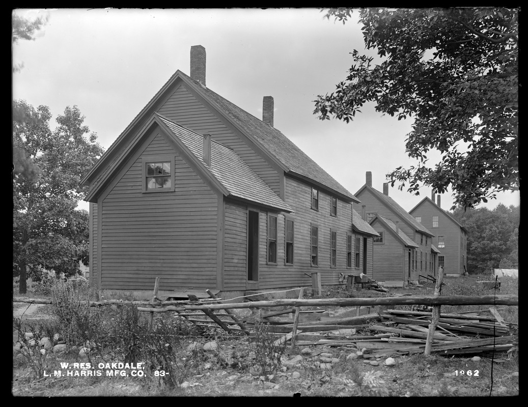 Wachusett Reservoir, L. M. Harris Manufacturing Company's three houses, on Whiting Place, from the east, Oakdale, West Boylston, Mass., Aug. 12, 1898