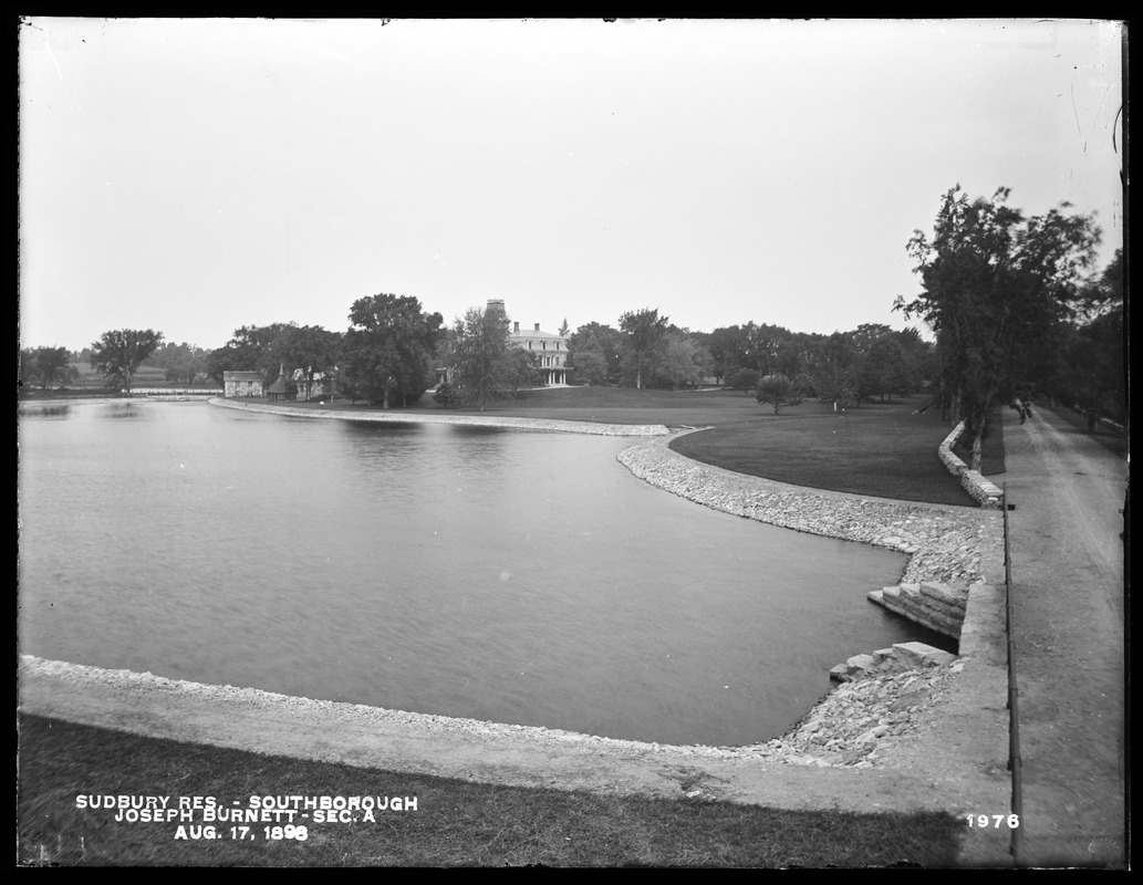 Sudbury Reservoir, Section A, Joseph Burnett's house, from the southeast in Burnett Road, south of culvert; taken from the top of repair wagon, Southborough, Mass., Aug. 17, 1898