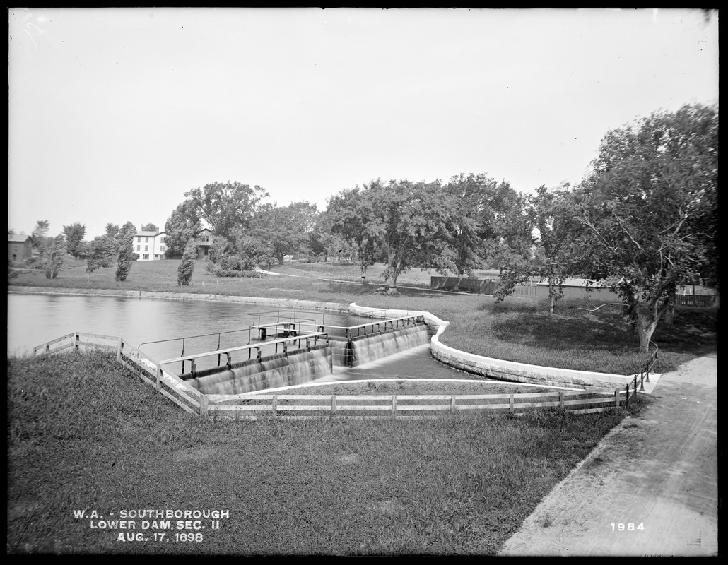 Sudbury Reservoir, Section 11, Lower Dam (Sawin's Mills), from the south in Sawin's Mills Road; taken from the top of repair wagon, Southborough, Mass., Aug. 17, 1898