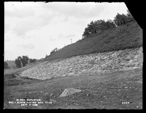 Wachusett Reservoir, slope paving, about station 67+00, Section 1; from the west, Boylston, Mass., Sep. 10, 1898