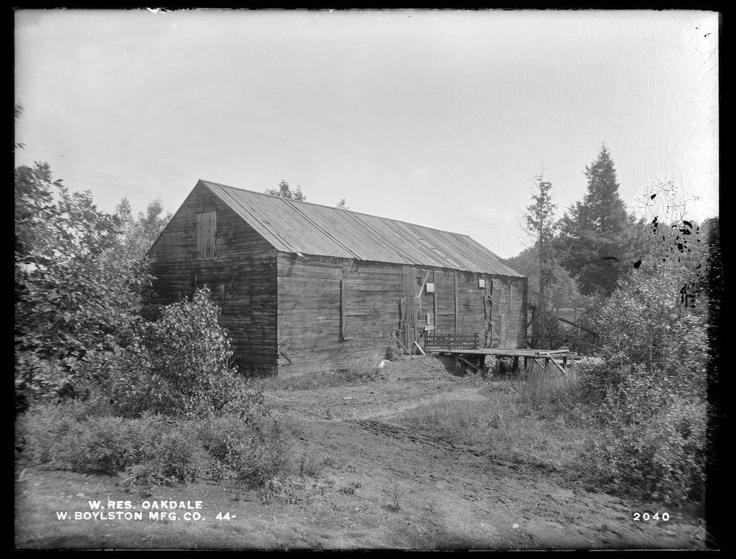 Wachusett Reservoir, West Boylston Manufacturing Company's icehouse, on the easterly side of Waushaccum Street, from the southwest, Oakdale, West Boylston, Mass., Aug. 20, 1898