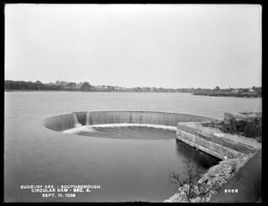 Sudbury Reservoir, Section A, Circular Dam at culvert on McQuarrie Road, from the southeast in road, Southborough, Mass., Sep. 19, 1898