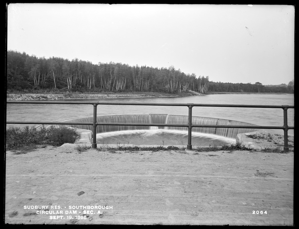 Sudbury Reservoir, Section A, Circular Dam at culvert on McQuarrie Road, from the east in road, Southborough, Mass., Sep. 19, 1898