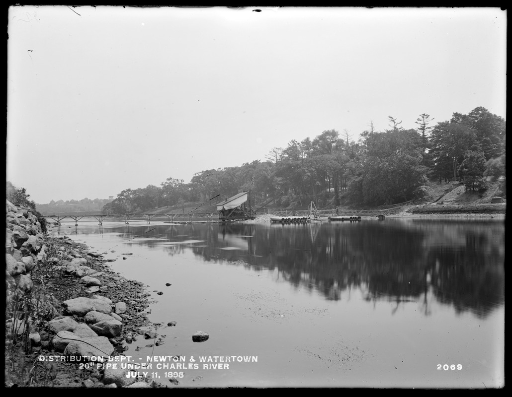 Distribution Department, Southern High Service Pipe Line, Section 24, 20-inch pipe under Charles River, Newton; Watertown, Mass., Jul. 11, 1898