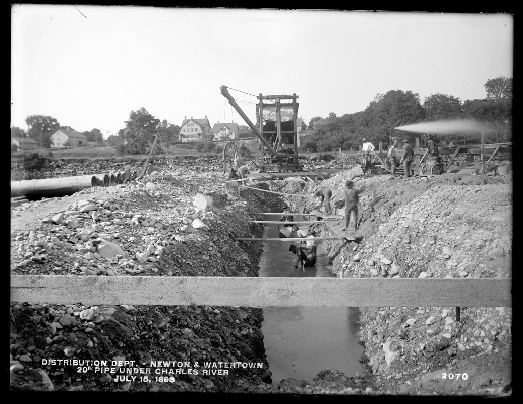 Distribution Department, Southern High Service Pipe Line, Section 24, 20-inch pipe under Charles River, Newton; Watertown, Mass., Jul. 15, 1898