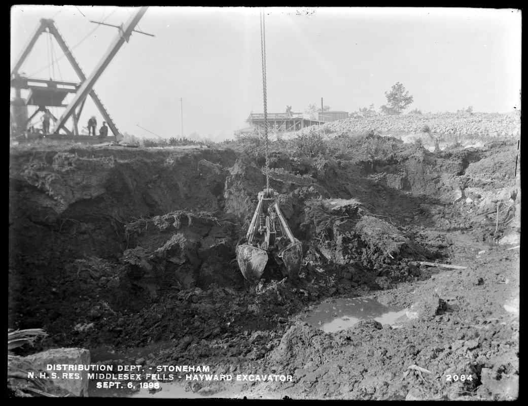 Distribution Department, Northern High Service Middlesex Fells Reservoir, Hayward excavator at work, Stoneham, Mass., Sep. 6, 1898