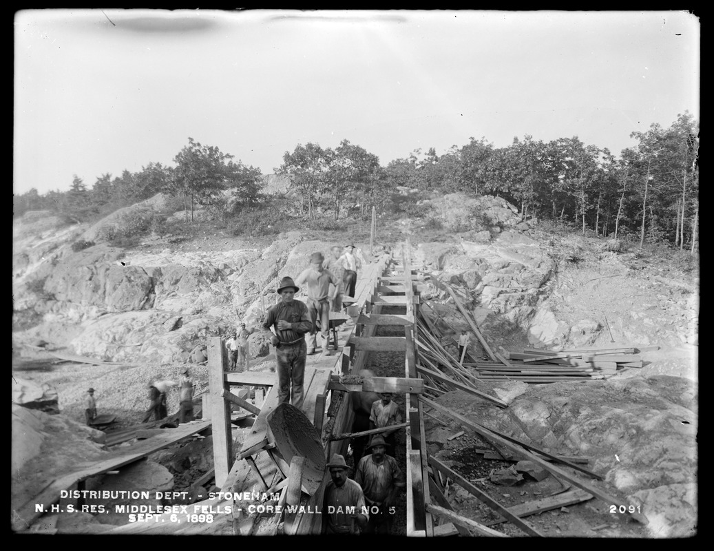 Distribution Department, Northern High Service Middlesex Fells Reservoir, core wall, Dam No. 5, Stoneham, Mass., Sep. 6, 1898