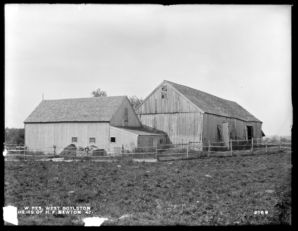 Wachusett Reservoir, Heirs of Herbert F. Newton's barns, on private way off the westerly side of Lancaster Street, from the northeast, West Boylston, Mass., Sep. 28, 1898