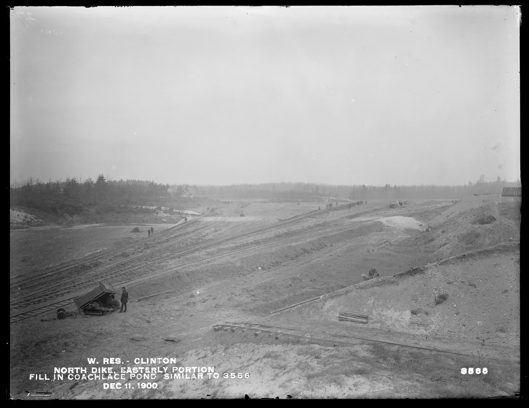 Wachusett Reservoir, North Dike, easterly portion, tracks in Coachlace Pond, from the top of the dike (similar to No. 3556), Clinton, Mass., Dec. 11, 1900