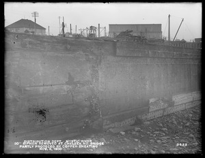 Distribution Department, Low Service Pipe Lines, 30-inch siphon removed at Chelsea North Bridge, partly protected by copper sheeting, Mystic River; Charlestown; Chelsea, Mass., Nov. 6, 1900
