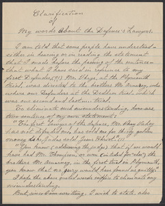 Sacco-Vanzetti Case Records, 1920-1928. Correspondence. Sacco and Vanzetti: "Clarification of My Words about the Defense Lawyers" (Article sent to Mary Donovan to be published in The Bulletin), n.d. Box 39, Folder 1, Harvard Law School Library, Historical & Special Collections