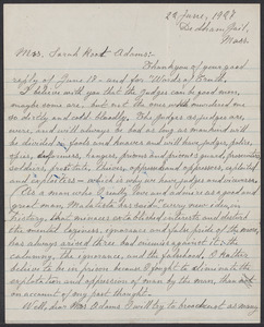Sacco-Vanzetti Case Records, 1920-1928. Correspondence. Bartolomeo Vanzetti to Mrs. Sarah Root Adams, June 22, 1927. Box 39, Folder 12, Harvard Law School Library, Historical & Special Collections