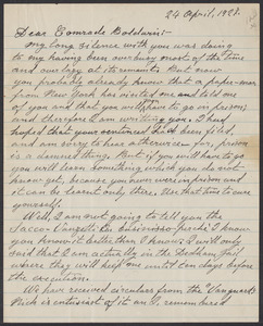 Sacco-Vanzetti Case Records, 1920-1928. Correspondence. Bartolomeo Vanzetti to Roger Baldwin, April 24, 1927. Box 39, Folder 18, Harvard Law School Library, Historical & Special Collections