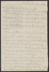 Sacco-Vanzetti Case Records, 1920-1928. Correspondence. Bartolomeo Vanzetti to Mrs. Alice Stone Blackwell, March 22, 1924. Box 39, Folder 36, Harvard Law School Library, Historical & Special Collections