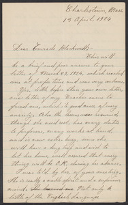 Sacco-Vanzetti Case Records, 1920-1928. Correspondence. Bartolomeo Vanzetti to Mrs. Alice Stone Blackwell, April 13, 1924. Box 39, Folder 37, Harvard Law School Library, Historical & Special Collections