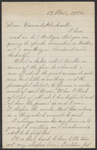 Sacco-Vanzetti Case Records, 1920-1928. Correspondence. Bartolomeo Vanzetti to Mrs. Alice Stone Blackwell, November 13, 1924. Box 39, Folder 45, Harvard Law School Library, Historical & Special Collections