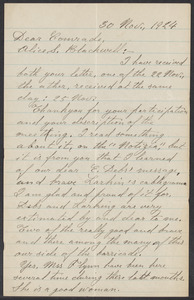 Sacco-Vanzetti Case Records, 1920-1928. Correspondence. Bartolomeo Vanzetti to Mrs. Alice Stone Blackwell, November 30, 1924. Box 39, Folder 46, Harvard Law School Library, Historical & Special Collections