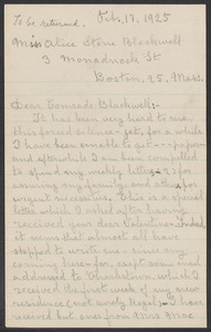 Sacco-Vanzetti Case Records, 1920-1928. Correspondence. Bartolomeo Vanzetti to Mrs. Alice Stone Blackwell, February 17, 1925. Box 39, Folder 47, Harvard Law School Library, Historical & Special Collections