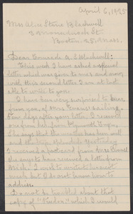 Sacco-Vanzetti Case Records, 1920-1928. Correspondence. Bartolomeo Vanzetti to Mrs. Alice Stone Blackwell, April 6, 1925. Box 39, Folder 48, Harvard Law School Library, Historical & Special Collections