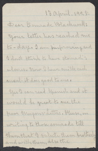 Sacco-Vanzetti Case Records, 1920-1928. Correspondence. Bartolomeo Vanzetti to Mrs. Alice Stone Blackwell, April 13, 1925. Box 39, Folder 49, Harvard Law School Library, Historical & Special Collections