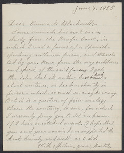 Sacco-Vanzetti Case Records, 1920-1928. Correspondence. Bartolomeo Vanzetti to Mrs. Alice Stone Blackwell, June 7, 1925. Box 39, Folder 56, Harvard Law School Library, Historical & Special Collections