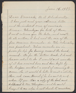 Sacco-Vanzetti Case Records, 1920-1928. Correspondence. Bartolomeo Vanzetti to Mrs. Alice Stone Blackwell, June 10, 1925. Box 39, Folder 57, Harvard Law School Library, Historical & Special Collections