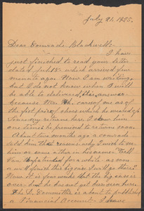 Sacco-Vanzetti Case Records, 1920-1928. Correspondence. Bartolomeo Vanzetti to Mrs. Alice Stone Blackwell, July 21, 1925. Box 39, Folder 62, Harvard Law School Library, Historical & Special Collections