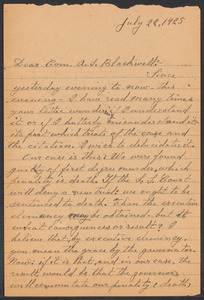 Sacco-Vanzetti Case Records, 1920-1928. Correspondence. Bartolomeo Vanzetti to Mrs. Alice Stone Blackwell, July 22, 1925. Box 39, Folder 63, Harvard Law School Library, Historical & Special Collections