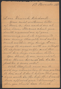 Sacco-Vanzetti Case Records, 1920-1928. Correspondence. Bartolomeo Vanzetti to Mrs. Alice Stone Blackwell, November 13, 1925. Box 39, Folder 68, Harvard Law School Library, Historical & Special Collections