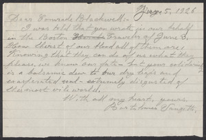 Sacco-Vanzetti Case Records, 1920-1928. Correspondence. Bartolomeo Vanzetti to Mrs. Alice Stone Blackwell, June 5, 1926. Box 39, Folder 77, Harvard Law School Library, Historical & Special Collections