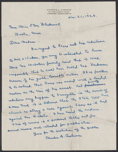Sacco-Vanzetti Case Records, 1920-1928. Correspondence. Bartolomeo Vanzetti to Mrs. Alice Stone Blackwell (from Charles A. Cushman), November 21, 1926. Box 39, Folder 85, Harvard Law School Library, Historical & Special Collections