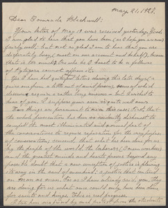 Sacco-Vanzetti Case Records, 1920-1928. Correspondence. Bartolomeo Vanzetti to Mrs. Alice Stone Blackwell, May 21, 1927. Box 39, Folder 93, Harvard Law School Library, Historical & Special Collections