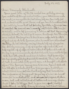 Sacco-Vanzetti Case Records, 1920-1928. Correspondence. Bartolomeo Vanzetti to Mrs. Alice Stone Blackwell, July 27, 1927. Box 39, Folder 95, Harvard Law School Library, Historical & Special Collections