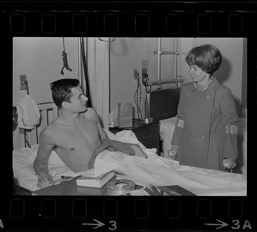 Cong. Margaret Heckler visits with wounded Marine Cpl. Charles Wheeler of Leominster during her inspection of Veterans Hospital in Jamaica Plain