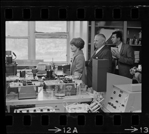 Representative Margaret Heckler, William Perkins, and unidentified man at Veterans Hospital, Jamaica Plain